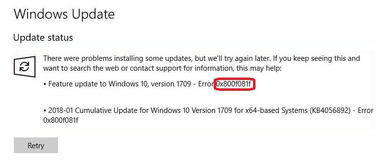 Код ошибки 800f081f при обновлении windows