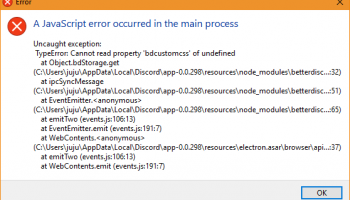JavaScript error occurred in the main process
