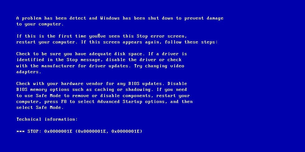 Ошибка 0x0000001E  в Windows 7-10