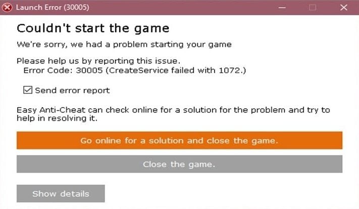 Код ошибки: 30005 (STARTSERVICE EASYANTICHEAT_EOSSYS failed with 2001.). Error 2011 easy Anti Cheat. Cannot launch