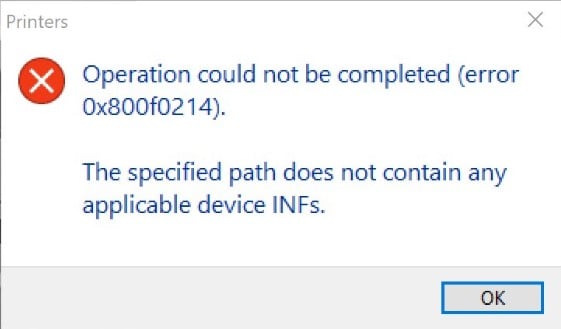 Ошибка 0x800f0214 при установке принтера